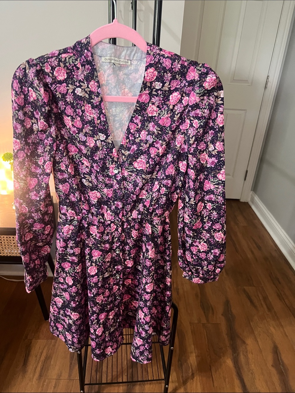 Pink Floral Long Sleeve V-Neck Dress